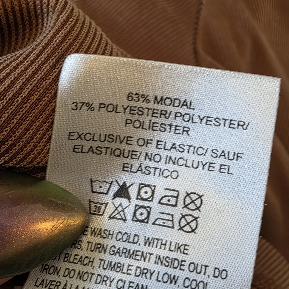 Lucky Brand Tan Crew Neck Puff Sleeve Silky Ribbed Blouse Size Small